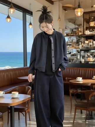 春秋季外套女纯色新款复古原创文艺简约宽松拼接圆领显瘦女装上衣#圆领文艺范外套#复古外套#宽松拼接圆领外套