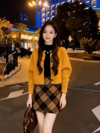 宝子们,2025早秋氛围感密码来啦!这套三件套,设计感爆棚。打底衫搭配格子短裙俏皮又可爱, 外搭气质开衫,早晚温差大也不怕。早秋出街穿它,回头率直接爆表!  #2025早秋新款 #设计感套装 #气质打底开衫 #格子短裙穿搭 #早秋时尚三件套