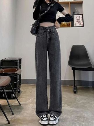 雪千羽高腰加绒阔腿牛仔裤女2025秋冬新款直筒宽松小个子拖地长裤#牛仔裤 #显高显瘦显腿长 #直筒裤 #阔腿裤 #百搭裤子