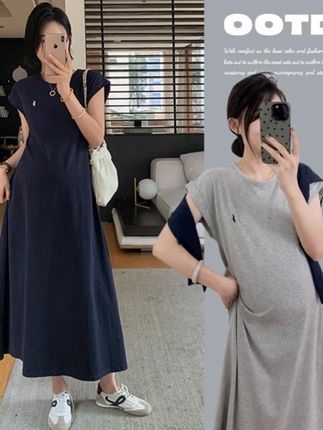 孕妇刺绣连衣裙女夏季短袖休闲t恤裙夏天纯棉宽松过膝松驰感长裙#孕妈妈裙#长裙#宽松舒适#纯棉面料#时尚妈妈装