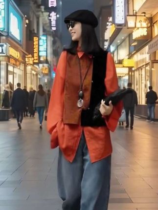 女士身着衬衫马甲两件套#红与黑碰撞利落又吸睛搭配阔腿牛仔裤与贝雷帽#在都市夜景中#尽显随性洒脱的时尚感