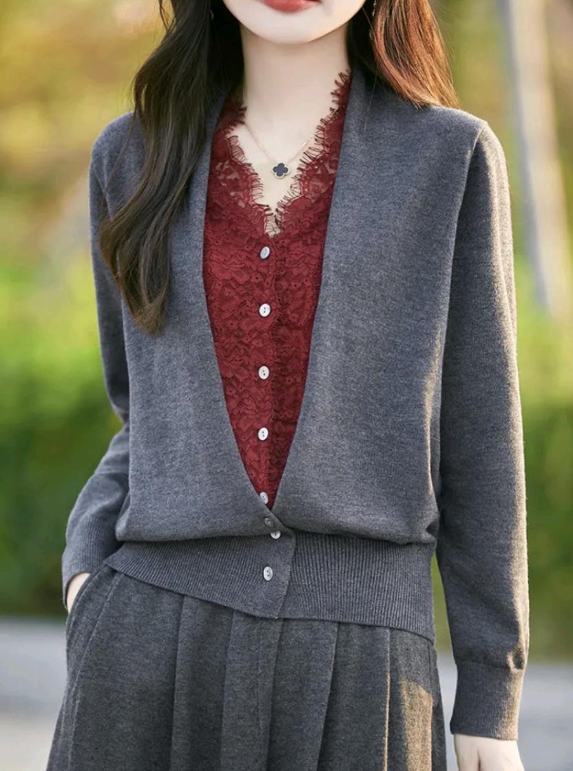 #甜美电影感#蕾丝领针织衫百搭秋季时尚女装假两件开衫上衣#针织衫 #早秋穿搭三分钟出门不是梦#假两件针织开衫