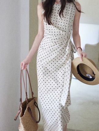 高级感气质波点连衣裙女侧收腰亚麻棉法式长裙#甜美风穿搭 #好看的连衣裙 #温柔风穿搭 #显高显瘦 #甜美穿搭