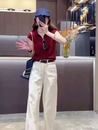 #今年最流行穿搭 复古红色短袖针织衫女2025新款夏Polo领显瘦气质牛仔裤两件套装#减龄显瘦穿搭 #时尚气质穿搭 #高级感穿搭