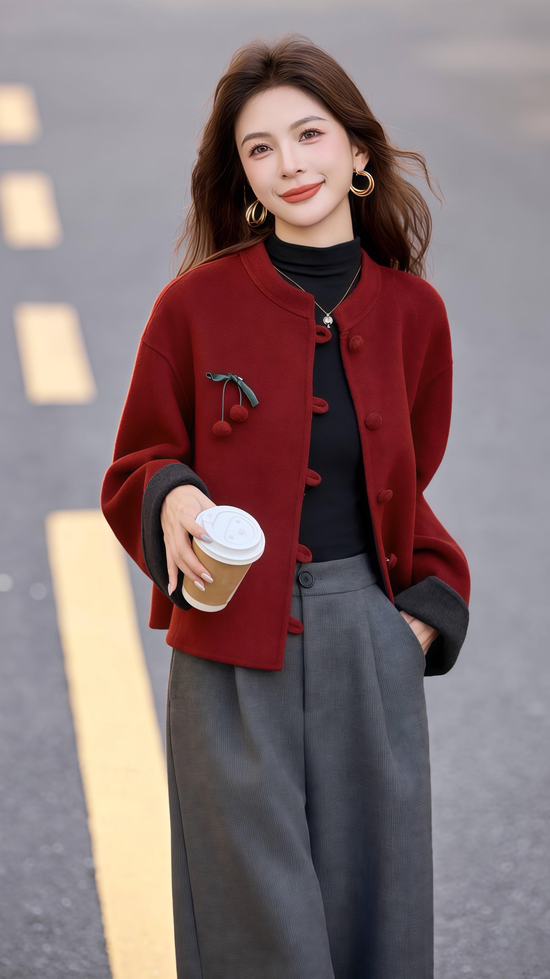 这件穿搭将复古与松弛感揉得恰到好处:酒红短款外套缀着俏皮装饰,自带温柔气场;搭配垂坠感灰调阔腿裤,慵懒又藏肉。行走间,优雅与随性交织,是日常出街的氛围感利器,轻松拿捏秋日时髦步调。 你觉得这个文案符合你想要的风格吗?要不要调整下侧重点,比如突出甜美感或通勤属性~#洋气穿搭 #谁穿谁漂亮 #时尚气质穿搭 #减龄气质 #挡不住的颜值