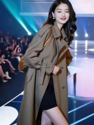 105-150斤,中长款2025春季高端设计感风衣女英伦风气质流行飒爽绿咖经典外套