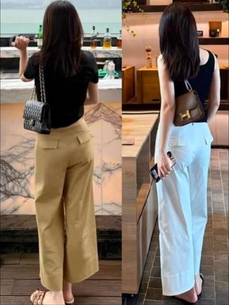卡其色高腰直筒阔腿休闲裤女夏季新款显瘦梨形身材小个子九分裤#简约穿搭 #面料柔软舒适 #气质女神穿搭 #百搭裤子