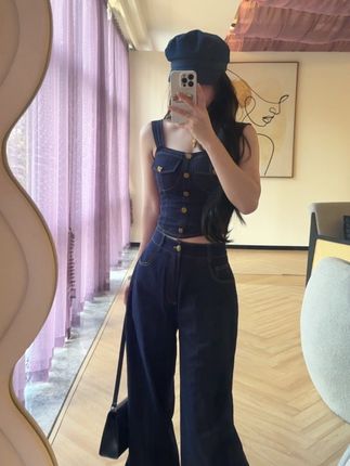 冰●原牛野心家美式辣妹气质性感牛仔抹胸上衣阔腿长裤时尚套装#气质穿搭 #辣妹穿搭 #早秋穿搭 #两穿套装 #韩系穿搭