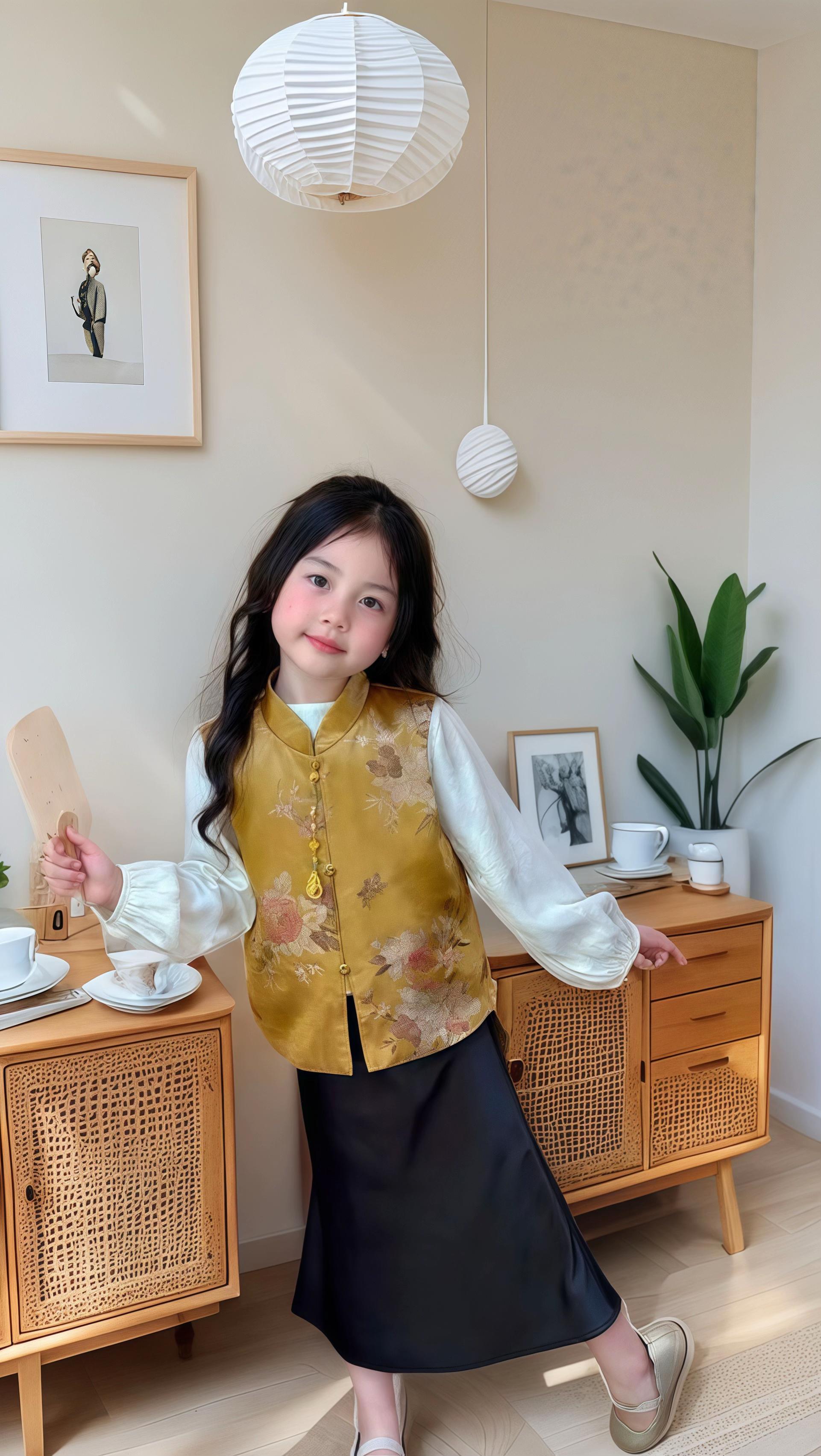 美美过中秋。这套女童套装太有中式韵味啦~复古金色的中式马甲,上面有精致的花纹和盘扣设计,满满传统感~搭配同风格半身裙,宽松的版型穿起来舒适又自在,很适合活泼好动的小朋友。整体色调温暖又显贵气,无论是日常出街还是参加一些中式主题的活动,都特别合适,轻松穿出雅致的国风感,妥妥的国风小宝贝穿搭范本~#童装 #中国风童装 #女童穿搭 #国风穿搭