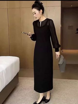 法式高级感长袖收腰显瘦黑色裙子大码气质赫本风连衣裙女春秋新款#连衣裙#女装#连衣裙穿搭