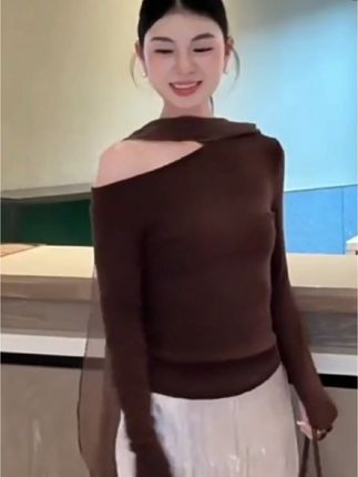 INS CEC美拉德斜肩露肩网纱飘带针织衫设计感宽松阔腿长裤套装女@DOU+小助手