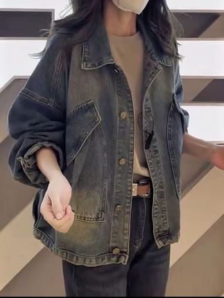#舒服 #买买买是女人的天性 #同款 #亮点 #亮点在最后 法式复古牛仔短外套女春秋新款上衣欧货大码女装宽松长袖工装夹克