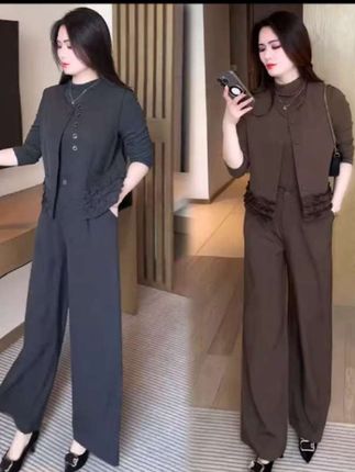时尚套装女2025秋季新款时髦洋气长袖打底衫马甲阔腿裤气质三件套#优雅气质 #遮肉显瘦穿搭 #减龄显瘦穿搭 #显高显瘦显腿长 #新款时尚女装
