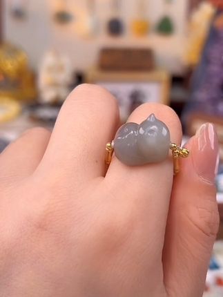 #18k金戒指#和田玉趴趴猫#趴趴猫戒指#18k金珠戒指