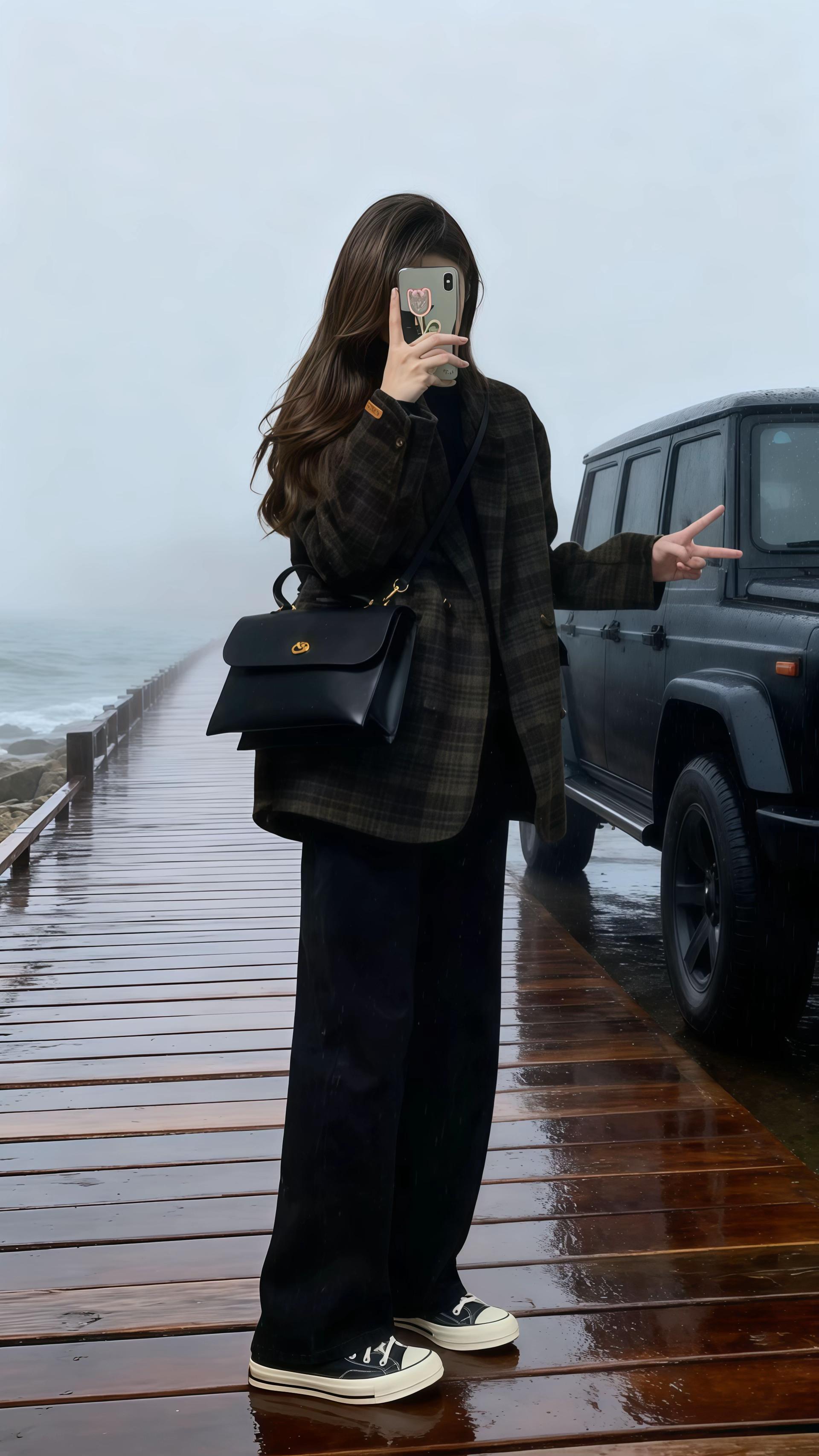 雾境穿搭:格纹外套的复古氛围感法则。雾色弥漫的海岸线,一件复古格纹外套成了视觉焦点。深棕与墨绿交织的格纹肌理,自带英伦复古滤镜,oversize版型松弛有度,将随性与高级感糅合得恰到好处。 在雾雨朦胧的海边栈道,它与纯黑阔腿裤、经典帆布鞋碰撞出反差感,又在黑色越野车的硬朗映衬下,让格纹的复古腔调愈发浓郁。每一寸剪裁都藏着巧思,既hold住秋冬的微凉,又以复古质感勾勒出“不费力却很时髦”的穿搭意境,把日常造型的氛围感拉满,行走间尽是复古与现代交织的独特韵味。#整个时尚圈都在等入chill #森系少女感穿搭 #秋冬外套 #早秋冷冽又随性的气质穿搭 #欧尼穿搭 @抖加🔥上热门🔥dou+🔥热点宝