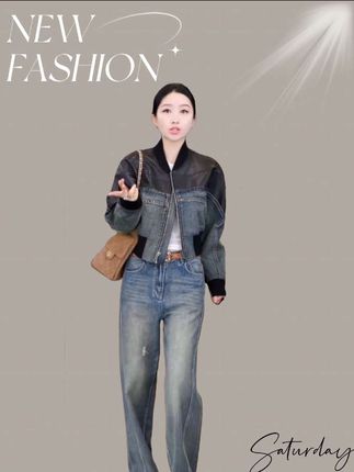 杨圣坤皮拼接牛仔布小众夹克短款外套#高级感搭配 #休闲女装 #外套穿搭 #优雅永不过时 #牛仔外套