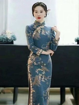 复古中国风九分袖秋款曼丽绒长款旗袍日常气质旗袍#旗袍 #国风古韵 #日常旗袍 #复古旗袍