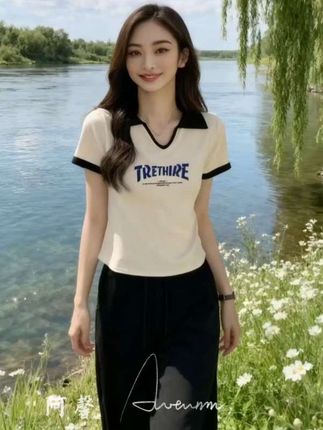纯欲风辣妹洋气减龄大码胖mm设计感撞色翻领短袖T恤~#穿搭 #减龄穿搭 #洋气减龄 #短袖t恤 #今天穿什么