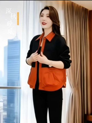 #新中式穿搭成为中秋宠儿 春秋季爆款撞色拼接双口袋设计减龄宽松大码遮肉妈妈开衫#时尚穿搭 #洋气减龄 #简约大气