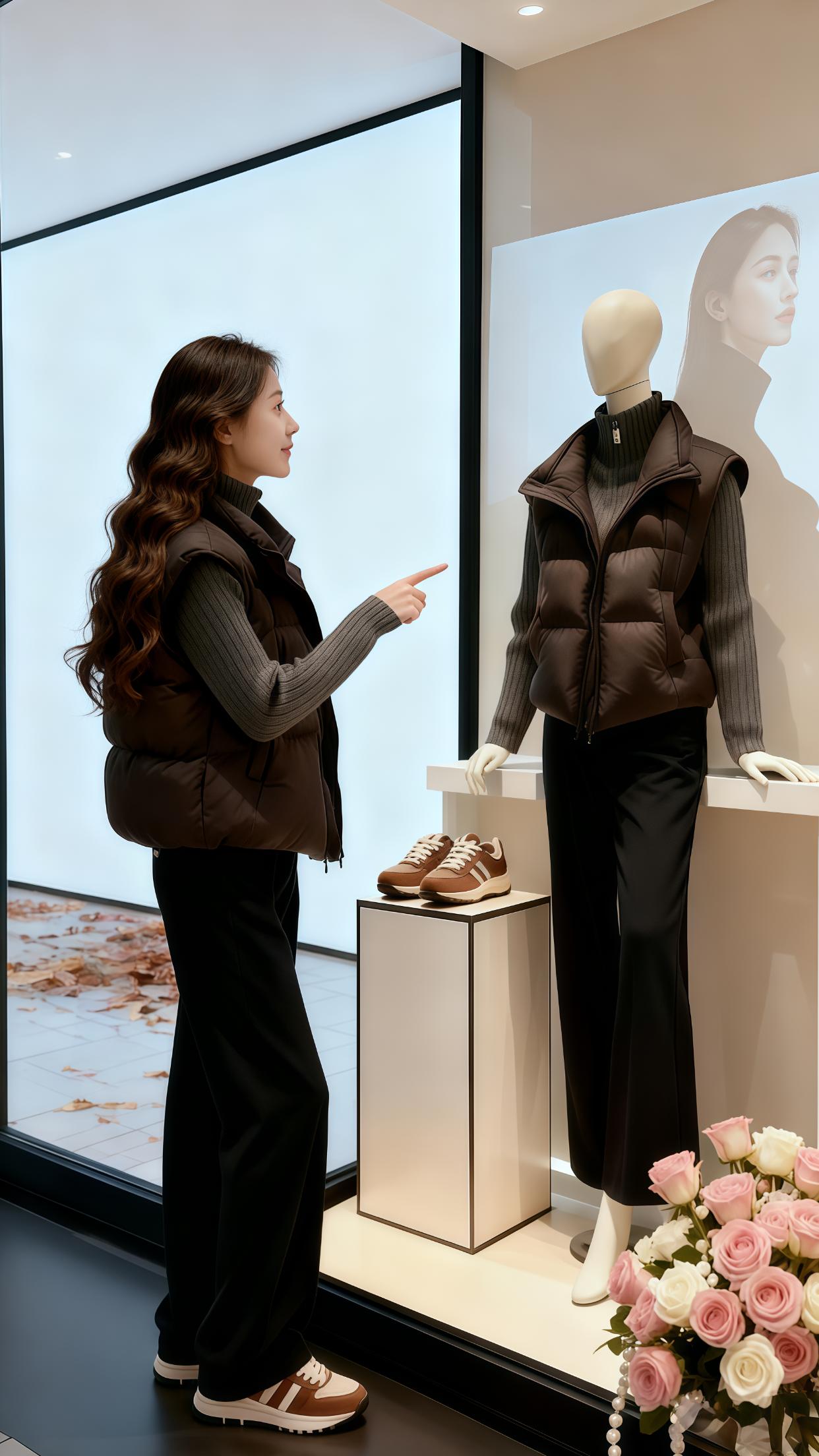 当街头梧桐叶还在酝酿金黄,冷空气已悄然递来秋冬的邀约。不必等初雪降临,一套“温暖先行”的穿搭,足以让你在微凉时节从容优雅。   深咖色羽绒马甲是造型的灵魂,蓬松廓形如云朵般轻盈,却将暖意牢牢锁住;内搭烟灰色高领针织衫,细腻纹理与柔软触感,把秋冬的温柔悉数藏进衣摆。黑色阔腿裤潇洒垂坠,修饰腿型的同时,为整体造型注入随性松弛感;棕白拼色老爹鞋则以复古活力,平衡了羽绒马甲的厚重,让穿搭在温暖与时尚间找到绝佳支点。   无论是在都市咖啡馆窗前看雪落,还是在街头与落叶共舞,这套穿搭都能让你在寒意初现时,既拥揽暖意,又美得毫不费力。初雪或许会迟到,但关于秋冬的时髦与温暖,早已在这身搭配里提前抵达。 #早秋新款 #高级感穿搭 #极简穿搭 #马甲三件套 #气质慵懒风穿搭