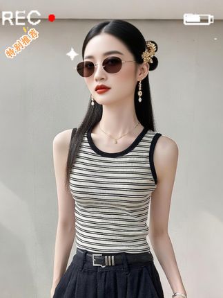 撞色条纹吊带背心夏季内搭打底衫无袖上衣#条纹背心 #短款背心 #吊带背心