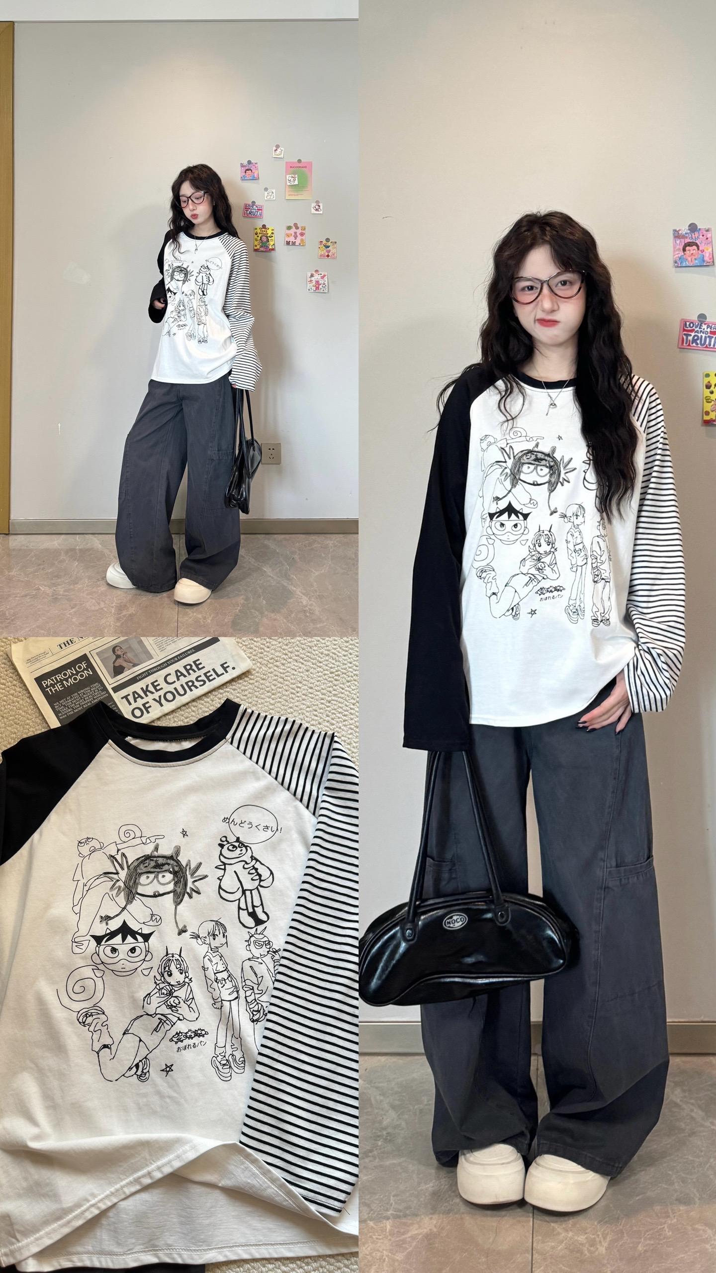 把童趣与时髦焊在身上✨漫画风插肩袖长袖。黑白撞色插肩袖+条纹拼接,复古感直接拉满,落肩设计对肩宽星人友好度max,藏肉显瘦一把好手! 胸前漫画印花细节感爆棚,自带二次元趣味,面料亲肤柔软,日常单穿或内搭都很可~ 搭深灰阔腿裤是慵懒潮酷girl,配牛仔裙又甜又飒,秋冬想走复古休闲风的宝子,这件闭眼冲就对👌🏻#今天穿什么#复古涂鸦 #国潮无敌 #擦肩袖t恤 #穿搭