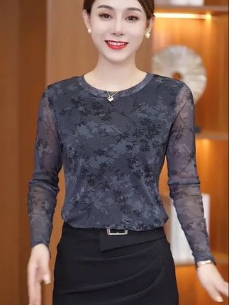 2025年秋季新款高档印花网纱小衫洋气长袖百搭修身显瘦时尚气质 #上衣穿搭 #强烈推荐 #春秋穿搭 #显瘦搭配#百搭