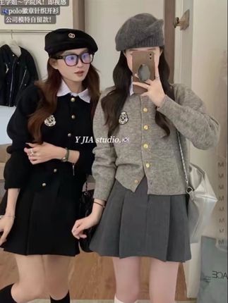 新款女款假两件微章针织衫女韩版温柔风短款宽松别致长袖复古开衫#服装小店 #舞蹈穿搭 #女装 #穿搭女装 #辣妹穿搭