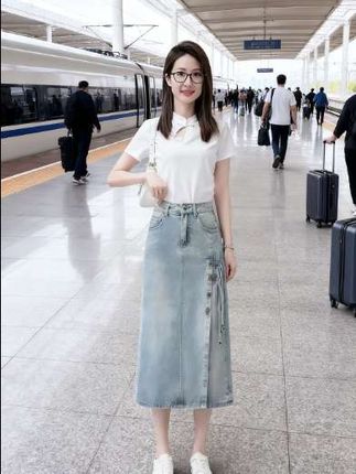 春季牛仔半身裙女春秋新款高腰中长款a字开叉中式盘扣包臀裙#牛仔半身裙#谁穿谁美 @DOU+上热门