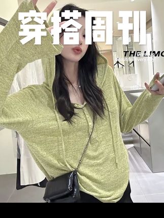 秋韩系彩棉连帽女休闲针织半开襟长袖罩衫#韩系穿搭 #针织开衫#长袖罩衫 #时尚感 #百搭
