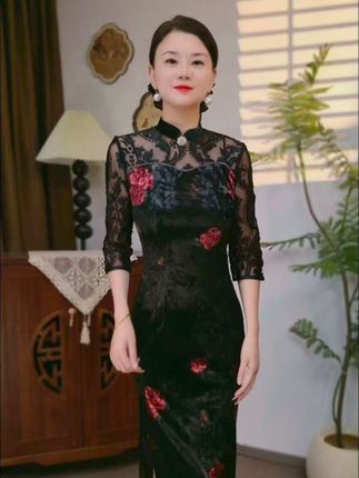 网纱植绒提花气质时尚弹力修身高端丝绒烫金旗袍 #优雅气质 #女人味 #旗袍 #国风古韵 #高贵优雅