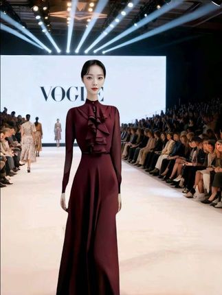 #高级感穿搭 #【秋冬宴会C位战袍!】 酒红丝绒长裙,立体荷叶边+高腰设计,行走间流光溢彩。VOGUE秀场同款质感,晚宴、年会穿它,优雅高级感直接拉满,让你在人群中美到发光!@抖加🔥上热门🔥dou+🔥热点宝