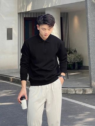 黑色cleanfit正肩长袖polo衫男秋季成熟稳重男装痞帅高级感打底衫#上衣穿搭 #打底衫 #长袖t恤