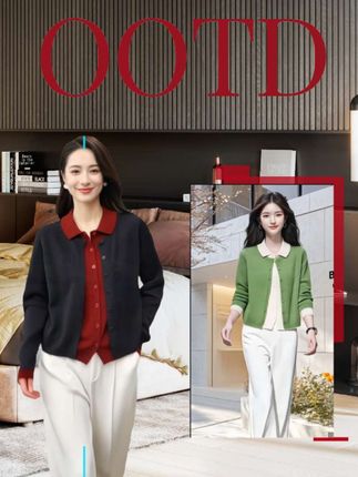 时尚翻领拼色设计感减龄针织衫女秋季新款假两件毛衣通勤外套上衣#时尚女装#气质穿搭#秋季穿搭#外套#来抖音商城双11领超级补贴