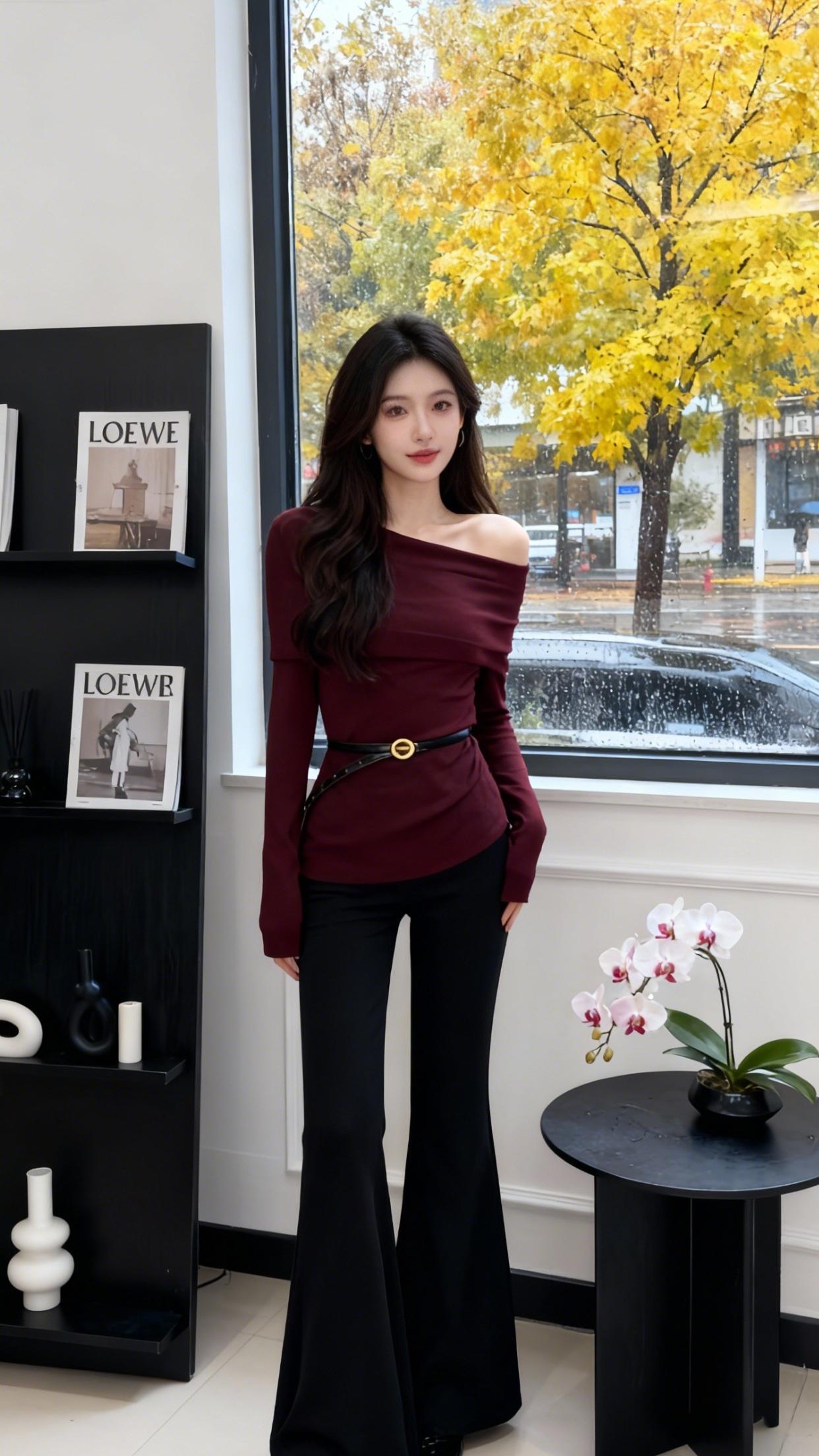《秋雨天,她穿的酒红套装比银杏还惹眼》 秋雨裹着桂香漫进橱窗时,苏晚刚套上那件酒红一字肩。 针织面料裹出腰窝的弧度,斜挎的细带扣在腰侧泛着金,微喇裤顺着脚踝垂成温柔的褶皱。她踮脚理头发,露肩处的软肉蹭过针织边,连窗外的银杏都像浸了酒色。 怀里的比熊扒着裤缝哼唧,她笑出梨涡时,玻璃上的雨珠正滚过她的倒影——这哪里是套装,分明是把秋日的慵懒和娇俏都织进了线里。 #韩系纯欲穿搭 #秋日氛围感穿搭 #微喇裤yyds #穿搭 #秋冬穿搭实用主义
