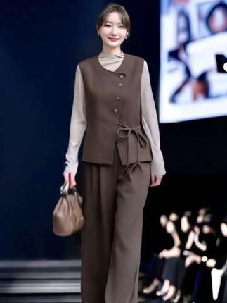 轻熟风韩系穿搭套装女2025春季新款超好看马甲阔腿裤打底衫三件套#时尚穿搭 #品质女装 #高级感穿搭
