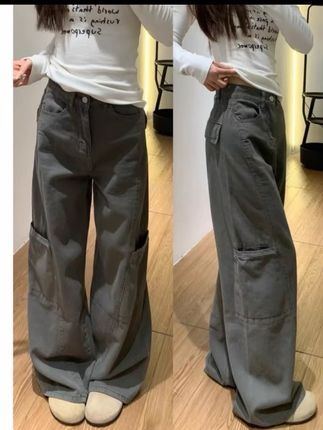 美式复古阔腿牛仔工装裤女夏季新款高腰宽松显瘦垂感直筒拖地裤子#夏季穿搭 #夏天该有的样子 #复古牛仔裤 #高腰直筒裤#时尚阔腿长裤
