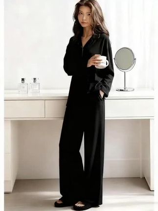 悦内睡衣女士春秋款秋季长袖纯棉家居服阔腿裤黑色休闲可外穿套装