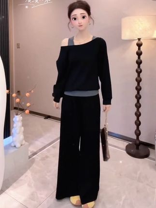 假两件露肩卫衣+休闲裤轻熟风套装时尚洋气减龄显瘦遮肉两件套女#高级感穿搭 #时尚穿搭 #女装 #谁穿谁好看#洋气减龄