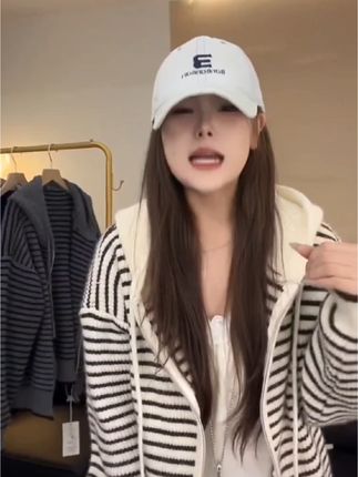 【原单高克重】抽绳连帽条纹针织开衫女秋季韩版宽松加厚毛衣外套女