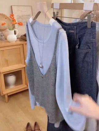 现货】2025初秋新款圆领纯色打底背心马甲叠穿两件套针织背心8101#两件套 #抖音推广 #初秋穿搭 #抖音热搜