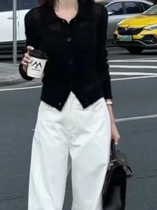 早秋一整套黑色长袖针织开衫宽松白色阔腿裤慵懒休闲时髦两件套装#时尚搭配服装 #今日穿搭 #夏季穿搭 #穿出高级感 #高级感穿搭