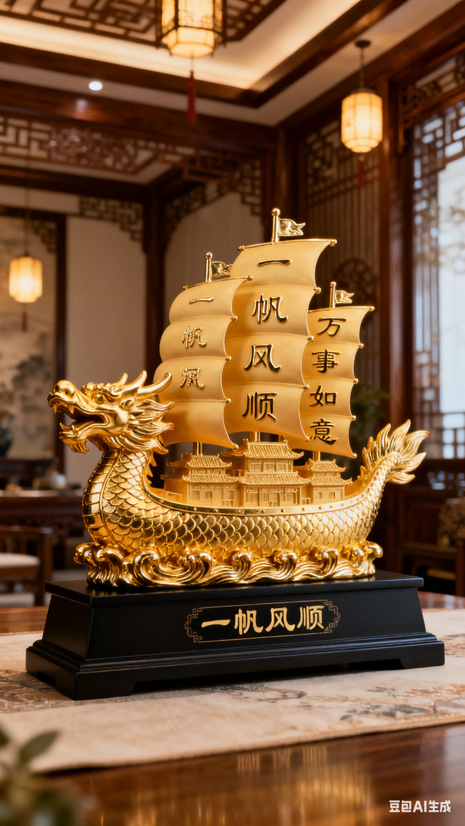 这款帆船摆件特大号,长度五十四,高度六十厘米,放公司前台,别墅,自建房,家里正门,鞋柜、电视柜两边都是,很好看,放在家里,家庭一帆风顺,放在公司事业一帆风顺,乘风破浪,满载而归。顺风顺水,还有风生水起,龙马精神,这里写的是万事如意,一帆风顺,满载而归,海浪拖地,风生水起,跟上时代的浪潮,生意做得风生水起,顺势而为,赚得盆满钵满。龙是龙马精神,放在家里还有一层意思,就是子孙后代都是人中龙凤。#寓意美好 #高端大气上档次 #霸气十足 #精心制作 #深受大家喜欢