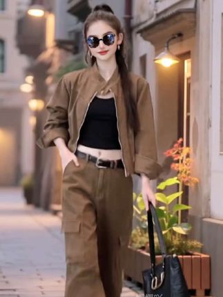 复古高级感春秋季穿搭套装女宽松显瘦工装风咖色外套阔腿裤两件套#宽松显瘦#工装风阔腿裤两件套