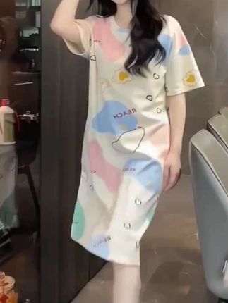 带胸垫睡裙女夏季薄款卡通一体夏款睡衣短袖网红风可外穿家居服#夏季穿搭 #减龄气质 #清爽一夏 #在家也要美美哒 #穿的美美哒