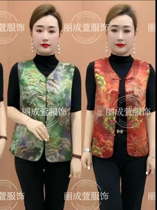 中式国风气质马甲时尚复古提花坎肩背心盘扣女装新款妈妈无袖上衣