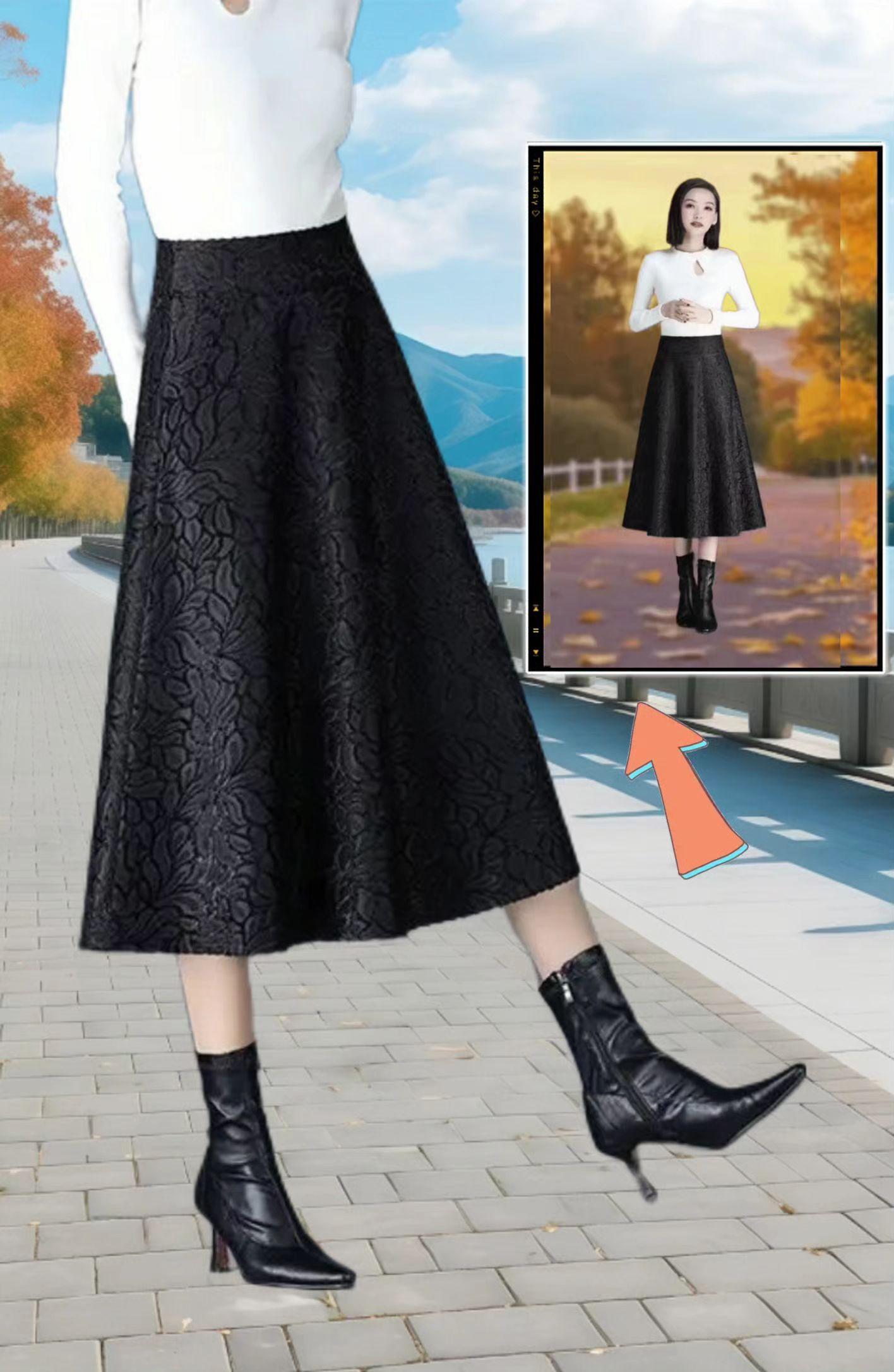 春秋冬三季百搭单品|黑色提花半身裙,让你优雅到骨子里   当春秋的风与冬日的暖交织,这条黑色提花半身裙便是衣橱的质感担当!中长款高腰设计,悄悄藏起小赘肉,大码友好的版型包容各种身形;百褶A字大摆一走路就漾起灵动弧度,提花暗纹在光影里若隐若现,高级感拉满。春秋搭针织衫,冬日配毛衣,踩上短靴或单鞋都适配,无论是通勤赴约还是日常出街,它都能让你在低调中绽放优雅,轻松成为人群里的气质焦点~#半身裙#春秋搭配#舒适百搭 #谁穿谁好看系列 #时尚洋气