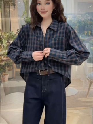 春季套装女装2025新款小众设计宽松格子衬衫牛仔裤盐系轻熟两件套#穿搭 #穿出自己的风格 #谁穿谁好看 #ootd穿搭 #美出高级感