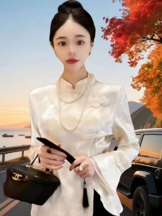 #早秋这样穿包好看的 ,新中式国风盘扣提花衬衫上衣,谁穿都好看,又美又飒,就是这么个范,时尚潮流又洋气穿搭,早秋穿搭一周不重样