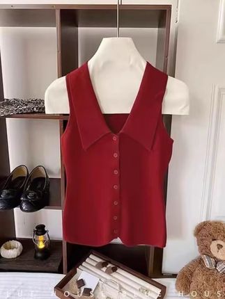 红色polo领背心马甲女夏外穿安可雷穿搭修身冰丝针织坎肩无袖上衣 #好穿又好搭 #舒适透气又凉快 #针织马甲 #穿出你的chic风